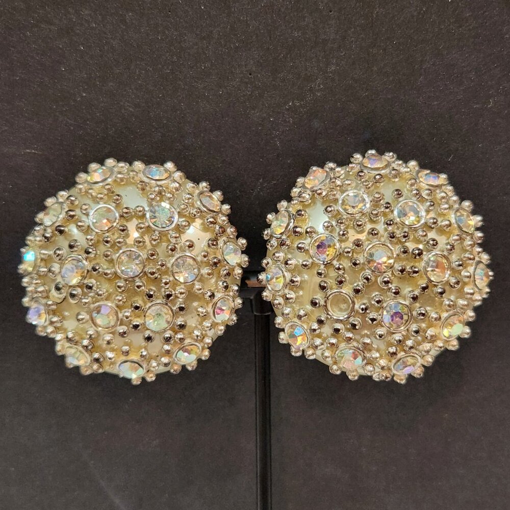 Large Vintage Silver Tone Button Style Textured Rhinestone Clip On Earrings